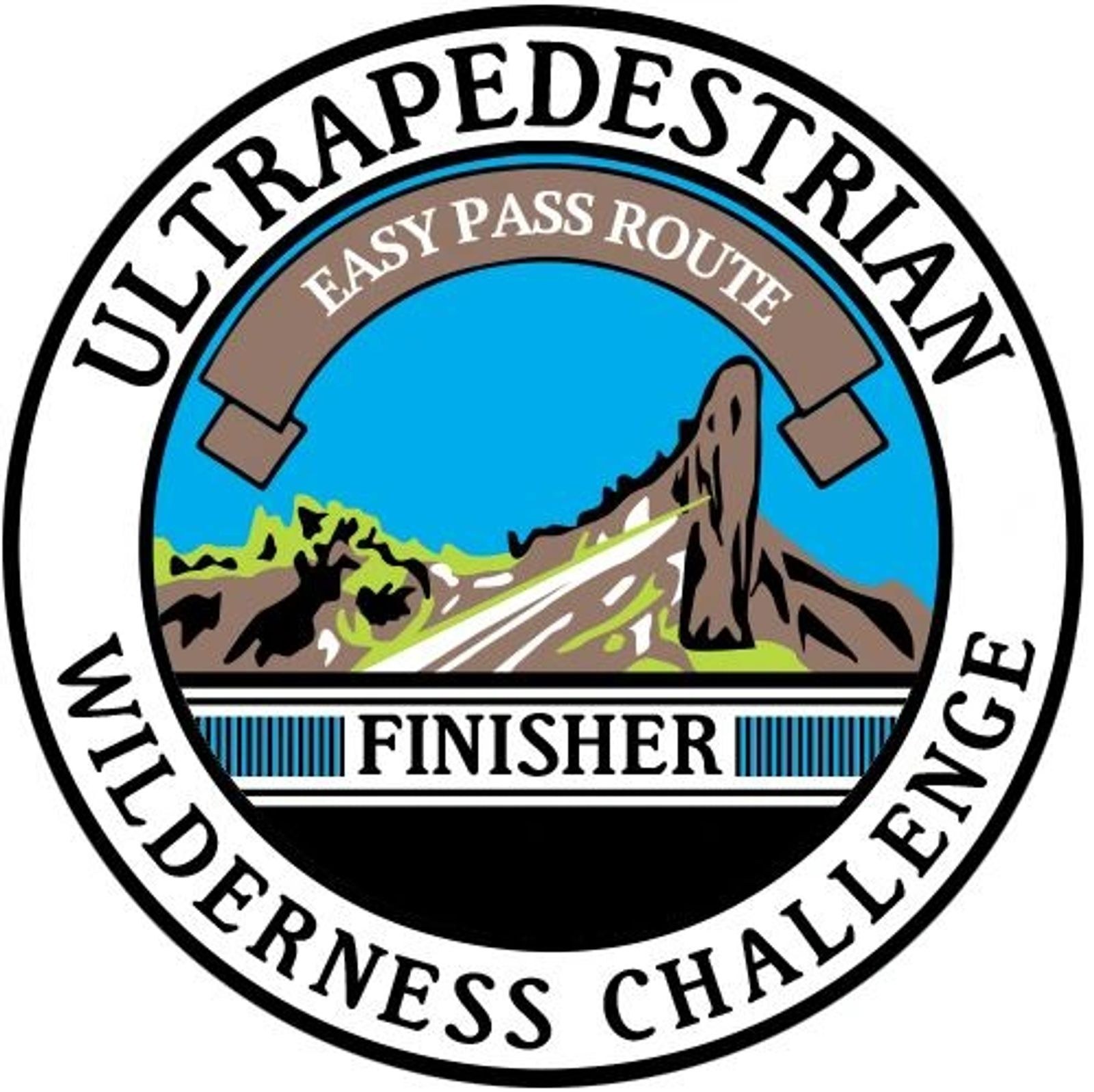 Ultrapedestrian Wilderness Challenge finisher badge with mountain illustration.